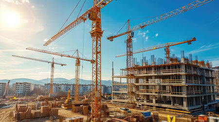 Construction site with crane, underconstruction buildingの素材