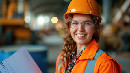 Young woman construction worker wear safety uniformの素材