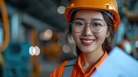 Young smile woman wear safety helmet portraitの素材