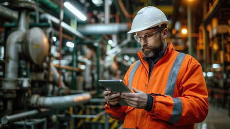 Construction engineer wearing full safety jacket and using digital tabletの素材