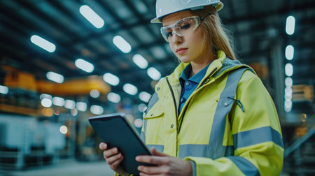 Professional woman engineer wearing full safety jacket and using digital tabletの素材