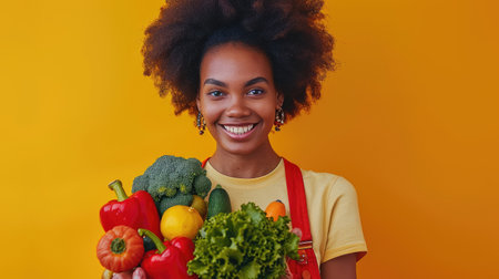 Smiling african american woman holding boxed of vegetableの素材