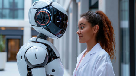 Robot and younf doctor colaborate in healthcareの素材