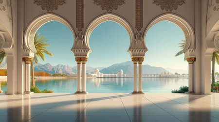 islamic art and architecture, Arched view of a lake and archesの素材