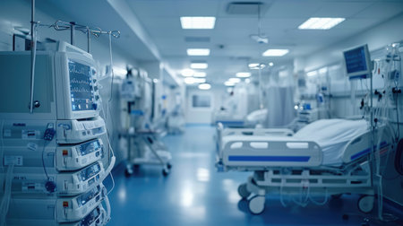 Medical room with many hospital beds and medical equipmentの素材