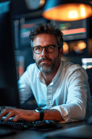Professional Man with glasses and beard is working at computer laptopの素材