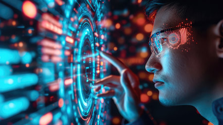 Man wearing glasses is looking at cyber data virtual and augmented realityの素材