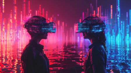 Futuristic technology, metaverse world, people communicating in digital world using vr Glasses, people in metaverse technologyの素材