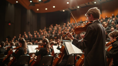 A boy playing violin in the orchestra performanceの素材