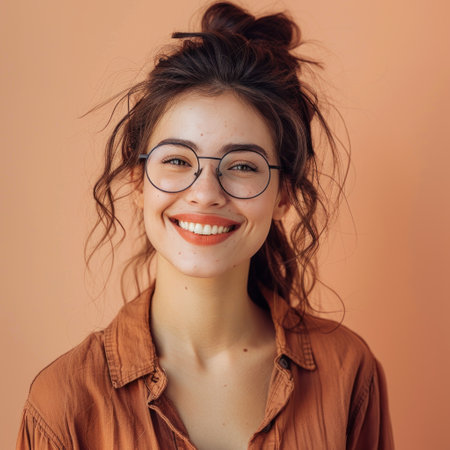 Young beautiful woman with glasses smile, portrait womanの素材