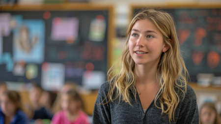 Smiling young woman teacher in the class with blurry backgroundの素材