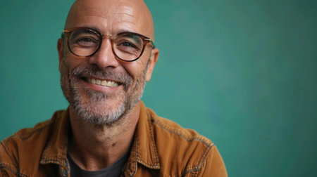 Portrait of smile and happy bald man with glasses and beard, isolated on green backgroundの素材