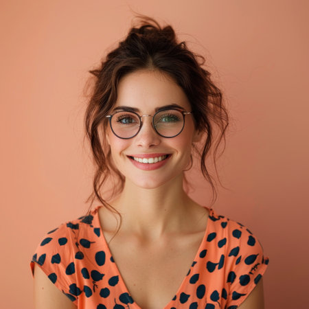 Portrait of Cute young woman wear casual style, using glasses and isolated on peach backgroundの素材