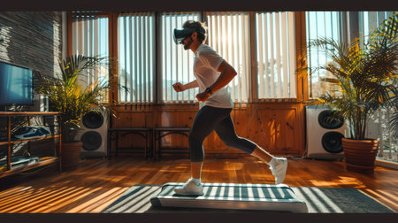 Young man exercise running in the room with treadmill and using VR Glasses, Sport in metaverse conceptの素材