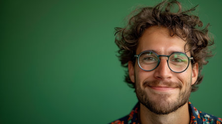 Portrait of smiling man wear glasses isolated on green backgroundの素材