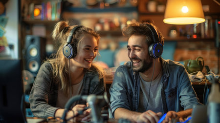 Woman and men smile and laugh together with fun conversation on the studio roomの素材