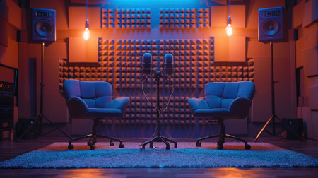 Interview podcast studio in modern minimalist style with micrphone and soundproofing roomの素材