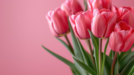 Beautiful pink tulip flower isolated on pink pastel backgroundの素材