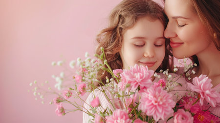 Mother hug her daughter and hold bouquet of flower isolated on pink backgroundの素材