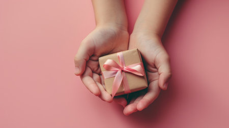 Portrait of Child hand giving gift box on pink pastel backgroundの素材
