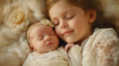 Cute Girl sleeping on the bed with cute babyの素材