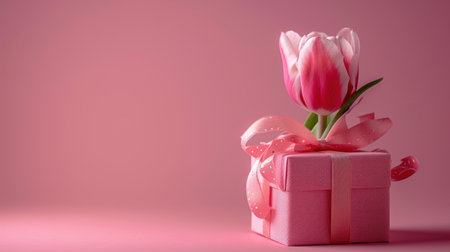 Pink giftbox with tulip flower isolated on pink backgroundの素材