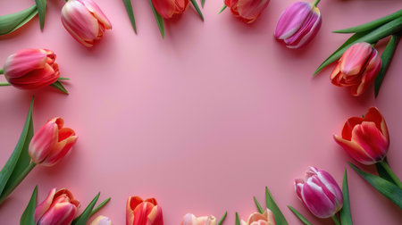 Tulips flower frame on pink background, women day, mother dayの素材