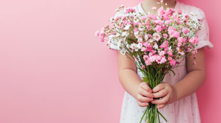 Child hold bouquet of flower isolated on pink backgroundの素材