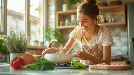 Happy young women cooking in the kitchenの素材