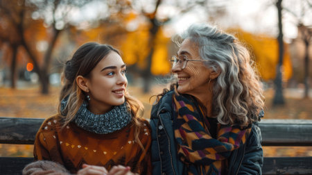 Portrait of happy  young woman with old mother talk and smiling in the parkの素材