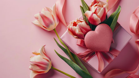 Pink Gift box with heart shape box and tulips flower on pink backgroundの素材