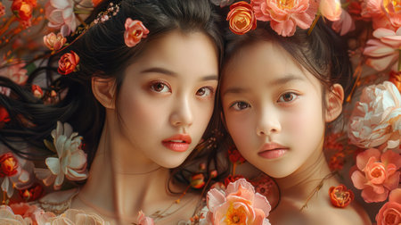 Portrait of beautiful asian woman with her daughter laying on bed and surronded by flowerの素材