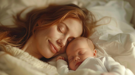 portrait of mother sleep on the bed with her cute babyの素材