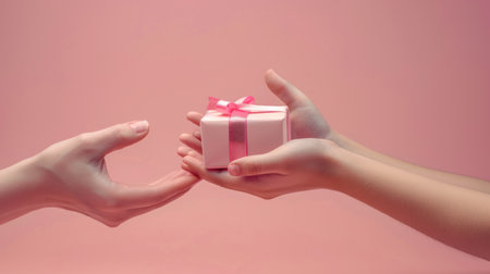 Hand child giving pink gift box on pink pastel backgroundの素材
