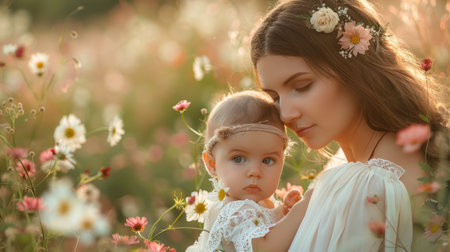 Portrait of young mother with her baby in blooming spring gardenの素材