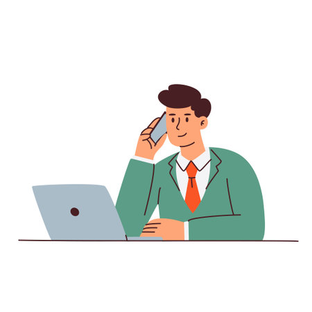 Young businessman talking on the phone and using laptop. Flat vector illustration.のイラスト素材