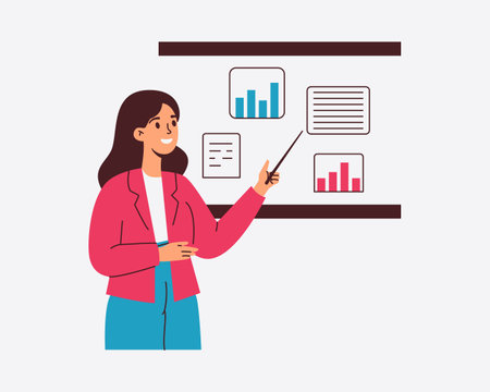 A confident businesswoman presents data visualizations during a presentationのイラスト素材
