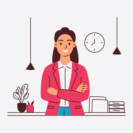 A confident businesswoman stands with her arms crossed at her deskのイラスト素材