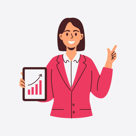 A confident businesswoman presents a tablet displaying an upward trending graph indicating growth and successのイラスト素材