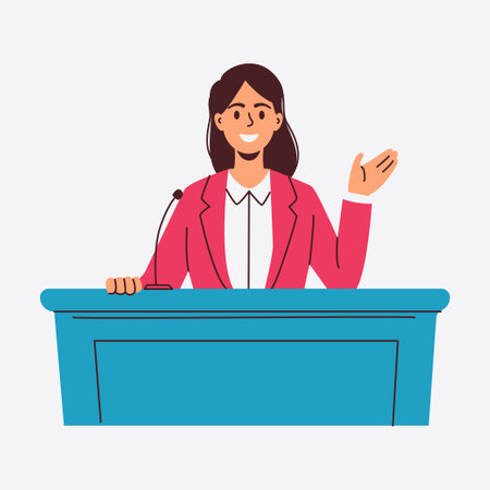 A confident woman delivers a speech from a podiumのイラスト素材