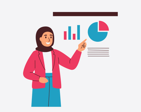 A confident businesswoman presents key data insights using charts and graphsのイラスト素材