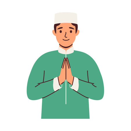 Muslim man in traditional clothing praying. Muslim man in prayer position vector illustration.のイラスト素材
