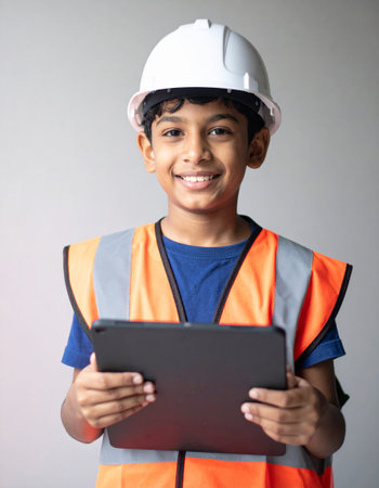 Portrait of a happy indian boy wearing safety helmet and holding tabletの素材