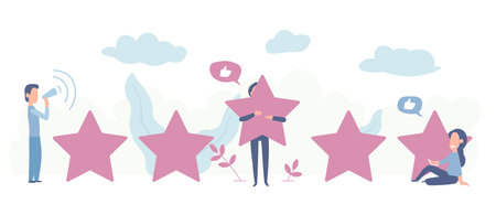 vector illustration on white background. the best estimate of performance, the score of five points. people leave feedback and comments, successful work is the highest score.のイラスト素材