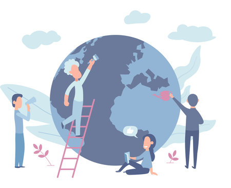 Vector flat illustration, little men prepare for the day of the Earth, save the planet, save energy, the concept of the Earth dayのイラスト素材