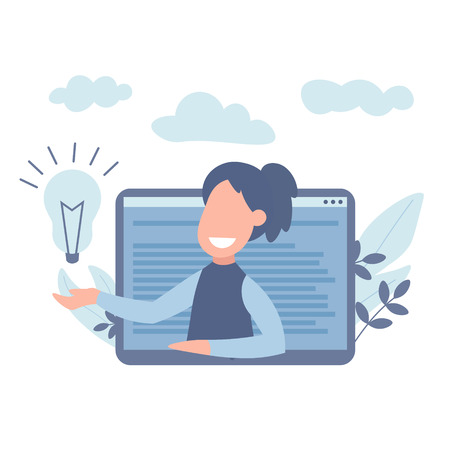 Concept customer and operator, online technical support 24-7 for web page. Vector illustration female hotline operator advises client. Online assistant, virtual help service.のイラスト素材