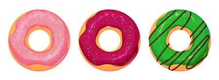 Set of cartoon colorful donuts isolated on white background. Top View Doughnuts collection into glaze for menu design, cafe decoration, delivery box. vector illustration in flat styleのイラスト素材