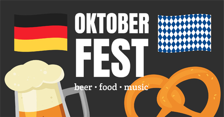 Welcome to Oktoberfest Vertical Poster. Portrait Orientation. Vector Hand Drawn Beer Mug with Foam in Cartoon Style. Black Old Grunge Retro Texture. Octoberfest Placard Design with Typography.のイラスト素材