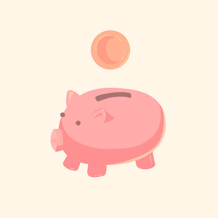 Pig piggy bank with coins vector illustration in flat style. The concept of saving or save money or open a bank deposit. The idea of an icon of investments in the form of a toy pig piggy bank.のイラスト素材