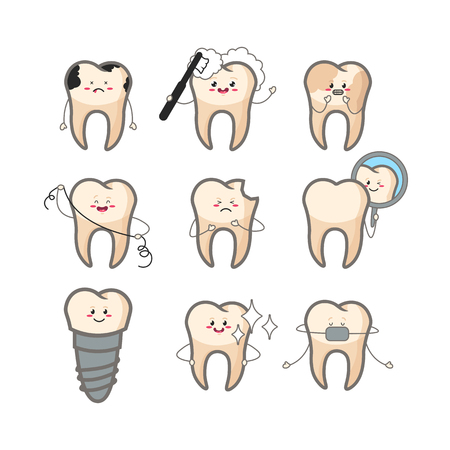 Happy teeth set. Cute tooth characters. Dental personage vector illustration. Dental concept for your design. Illustration for children dentistry. Oral hygiene, teeth cleaning. Teeth sticker.のイラスト素材
